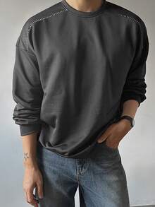 DAZY Spring/Autumn Black Sweatshirt Fabric With White Thick Stitching Decoration, Crew Neck Long Sleeve Pullover Sweatshirt For Men - Black - View 7