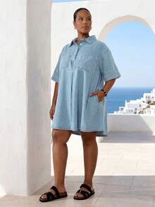 ELLERISSA Plus Size Light Wash Dropped Shoulder Denim Swing Dress With Pockets - Light Wash - View 3