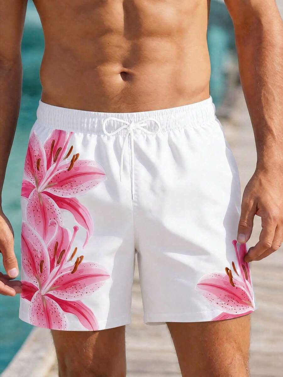 VIVINTIMO Men's Drawstring Waist Floral Print Casual Vacation Beach Shorts, Holiday - Pink - View 1