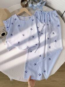 SHEIN 青少年女孩 T-Shirt 套裝，梭織藍白條紋蝴蝶結印花，荷葉袖圓領 T-Shirt 搭配直筒長褲，休閒套裝，適合日常穿著與休閒度假 - 藍色 - 查看 2