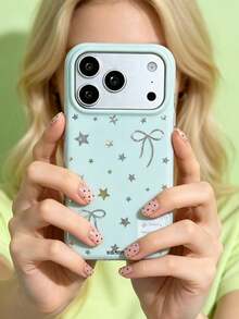 ShellaStory Cute Bow Star Tin Foil Texture Phone Case Compatible With IPhone 17 Pro Max 17 Pro 17 Pro 16 14 13 15 Pro Max 14 15 16 Plus 14 15 13 16 17 Fashion Protective Cover - Blue - View 2