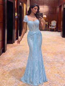 Aureia Elegant Luxurious Beaded Diamond Sexy Off-Shoulder Sleeve Mermaid Skirt Elastic Lace Embroidered Suitable For Wedding Events, Bachelorette Party, Vacation, Holiday Gathering, Music Festival, Graduation Season, Evening Party Dress (Free Gift) - Gray Blue - View 2