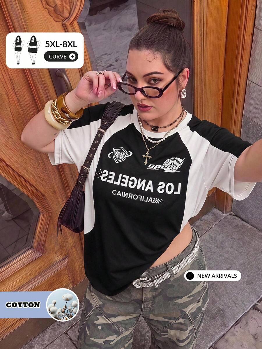 SHEIN CURVE+ Plus Size Streetwear Plus Size Racing Motorcycle Print Colorblock Raglan Sleeve Knit T-Shirt - Black and White - View 1