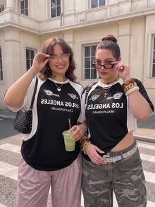 SHEIN CURVE+ Plus Size Streetwear Plus Size Racing Motorcycle Print Colorblock Raglan Sleeve Knit T-Shirt - Black and White - View 4