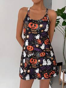 SHEIN EZwear EZwear 大尺碼骷髏與花卉印花美人魚細肩帶洋裝，Y2K 風格 - 彩色 - 查看 5