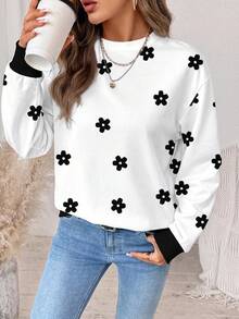 SHEIN LUNE 女款花卉印花休閒百搭日常穿著長袖衛衣 - 白色 - 查看 4