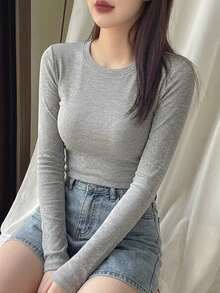 DAZY 女款素色圓領長袖修身羅紋T恤 - 灰色 - 查看 4