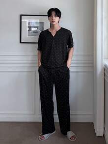 DAZY Spring Black Knit Polka Dot Comfortable Fabric T-Shirt With Elastic Waist Long Pants Men's Loungewear Set - Black - View 4
