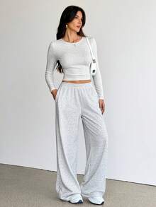 SHEIN Tall 女款秋季休閒長袖上衣與長褲兩件套 - 灰色 - 查看 3