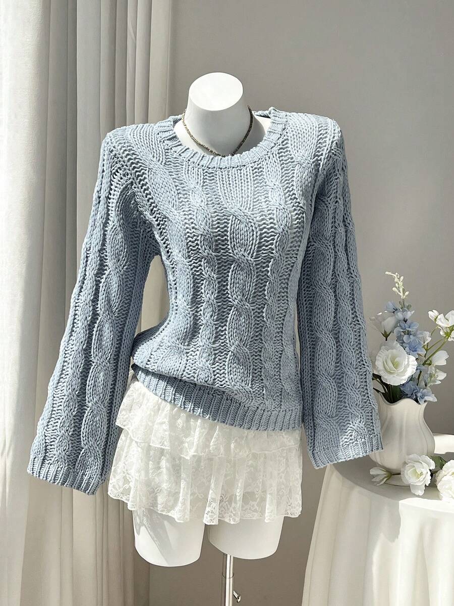 Elamini Sweater Pullover Rajut Tebal Vintage Warna Polos, Leher Bulat dengan Desain Tali Terpilin, Atasan yang Menawan, Pakaian Wanita Gaya Retro Longgar, Cocok untuk Musim Gugur/Dingin - Baby Blue - View 1