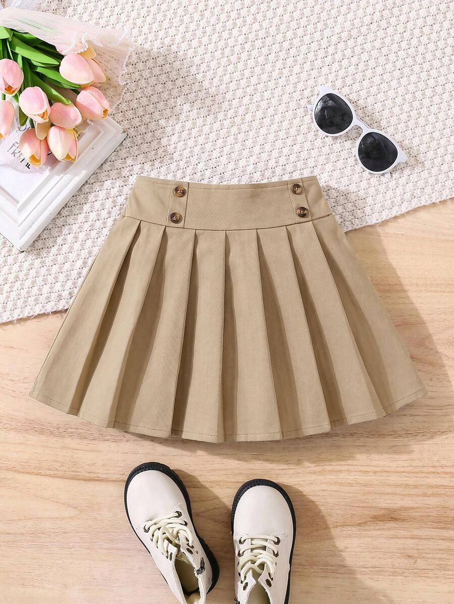 Young Girl Fashionable Versatile Woven Solid Color Pleated Fitted Casual Skirt Back To School - Apricot - View 1