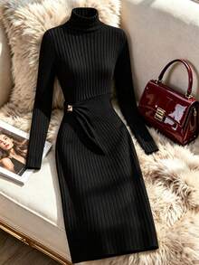 SHEIN Teen Girls Fall Dresses High Neck Ribbed Knit Dress, Autumn/Winter Slim Fit Long Sleeve Snug Fit Midi Dress - Black - View 1