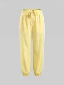 Exploreva Exploreva Women's Casual Comfortable Street Sporty Style Elastic Low Waist Drawstring Contrast Color Side Pockets Loose Fit Jogger Pants - Yellow - View 7