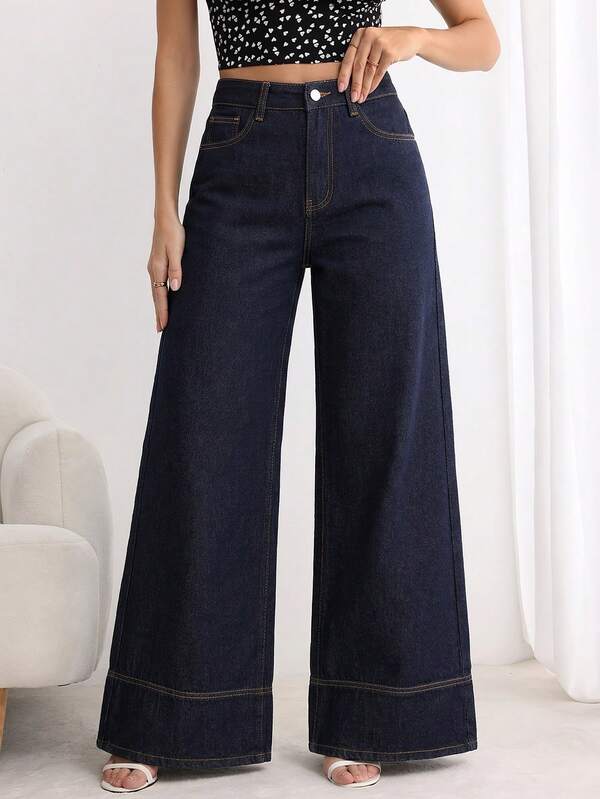 Elenzga Women's Fashion Original Color Denim Loose Wide Leg Long Pants
