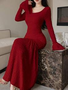 Modelyn 女士 U 领喇叭袖拼接鱼尾紧身优雅约会晚礼服 - 酒紅色 - 查看 5