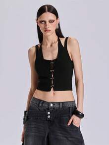 ROMWE Atasan Rajut 2 in 1 Gaya Punk Street Style Hot Girl Y2K Musim Panas Musim Semi Musim Gugur dengan Gesper Logam - Hitam - View 4