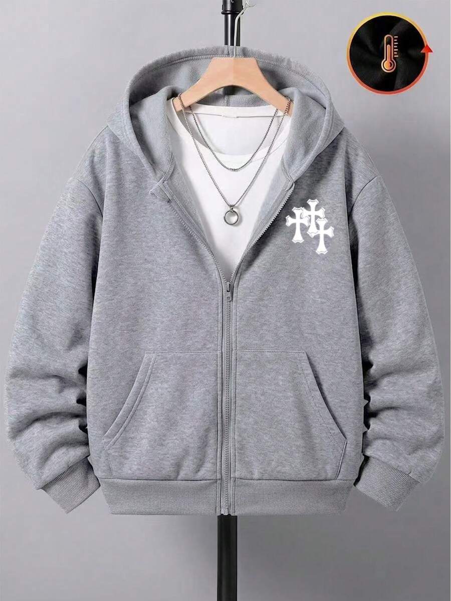 青少年男孩百搭圖案印花多功能連帽拉鍊運動衫 - 灰色 - 查看 1