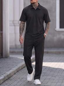 Manfinity CasualCool Men's Textured Jacquard 2 Pieces Set, Textured Jacquard Short Sleeve Polo Shirt + Textured Jacquard Long Pants, Casual Daily Commute - Black - View 4