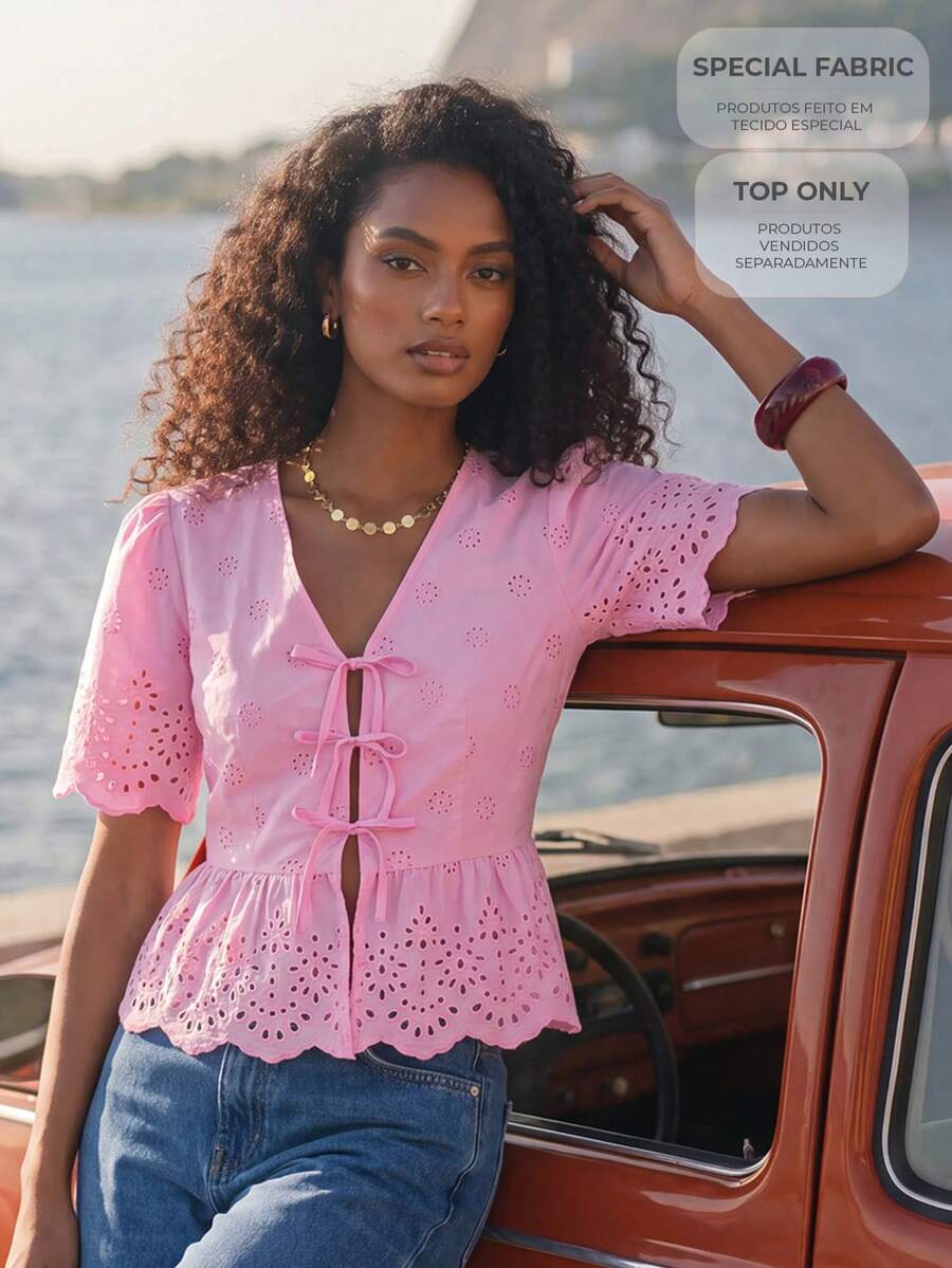 CAJUNI Vacation Casual Solid Color Hollow Embroidery Tie-Front Shirt - Pink - View 1