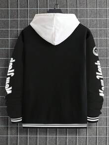 Manfinity Roughcore Chaqueta de béisbol casual de manga larga con patrón de letras y abotonadura sencilla para hombre - Negro - Ver 2
