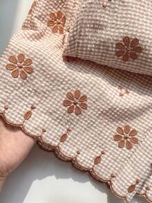 Comfortcana 2026 春夏新款女款橘色格紋花卉刺繡寬腿褲，冬季、復活節、派對、海灘、婚禮、畢業、優雅、休閒、度假、運動、正式、Y2k、商務、亮片、流蘇、荷葉邊、花卉、圖案 - 卡其色 - 查看 8