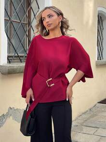 Jeta Ari Women's French Style Round Neck Batwing Sleeve Waist Tie Shiny Red Blouse, Spring/Summer - Burgundy - View 1
