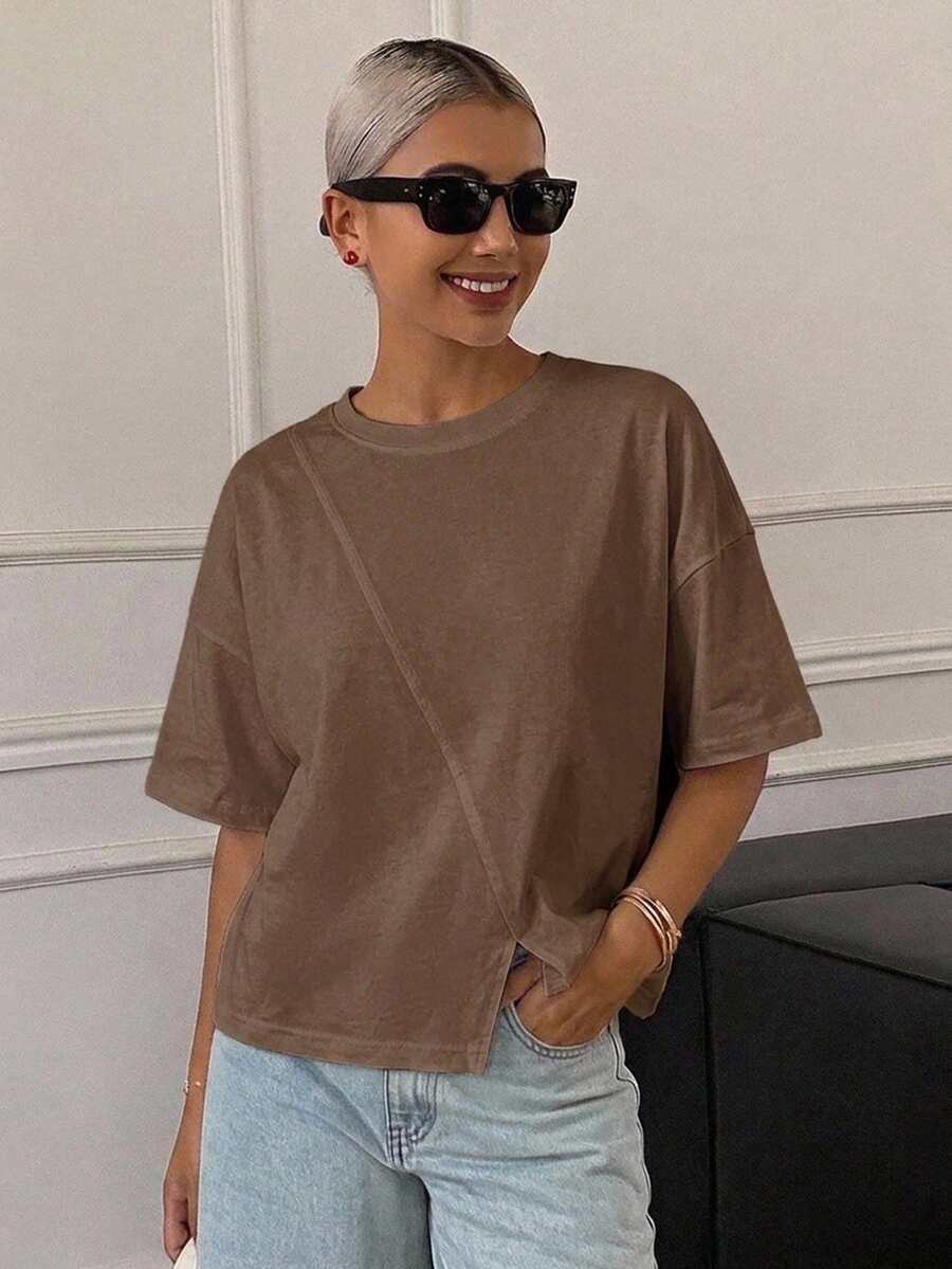 Livesso 女款夏季寬鬆棕色商務休閒拼接設計打底上衣,優雅短袖 T 恤,適合辦公通勤 - 棕色 - 查看 1