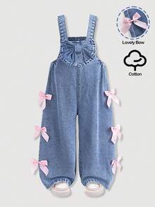 SHEIN Girls' Blue Denim Ruffled 3D Big Bow Loose Overalls - Light Wash - View 3