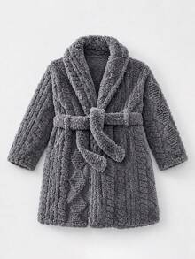 SHEIN Kids Young Boy Autumn/Winter Letter Pattern Fleece Lined Thick Textured Fabric Hooded Long Sleeve Tie-Up Robe, Suitable For Home,Party And More - Grey - View 5
