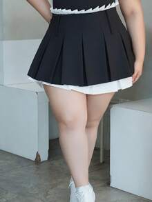 CHERRY TINTT SELECTION Plus Size Gray Patchwork Double-Layer Pleated Mini Skirt Black - Black - View 4