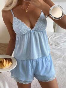 CovetEZ 女款休閒浪漫仙女風兩件套，性感淺藍色細肩帶背心與短褲，蕾絲雪紡拼接上衣，適合睡眠、約會之夜、夏季穿著 - 藍色 - 查看 3
