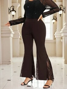 SHEIN Clasi 大尺碼緊身彈性蕾絲拼接黑色喇叭褲 - 咖啡棕 - 查看 3