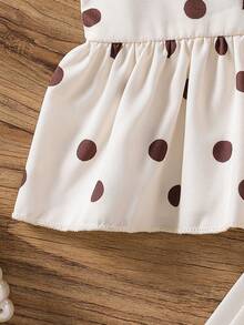 SHEIN Vintaside Kids Infant Baby Girl 2 Pieces Set Classic Beige Black Polka Dot Sleeveless Ruffle Top Wide-Leg Pants Skin-Friendly Fabric Summer Family Matching - Apricot - View 10