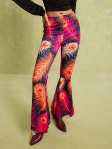 LOTSLUV Women's Early Summer Commute Party Vacation, Multicolor Base With Feather Pattern, Knitted Slim Fit Wide Leg Pants Boho 70s,Women's Pants - Multicolor - View 4