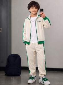 SHEIN Vacaura 2pcs Setelan Kasual Anak Laki-laki Remaja (Tween Boy) dengan Bordir Huruf, Warna Kontras, Jaket dan Celana Berkerah Resleting, Pakaian Musim Gugur - Aprikot - View 1