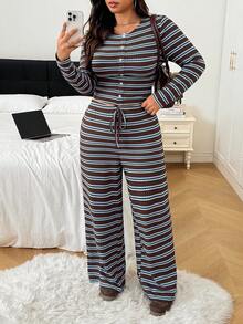 SHEIN EZwear Casual Striped Top And Pants Plus Size Women's Set - Multicolor - View 3