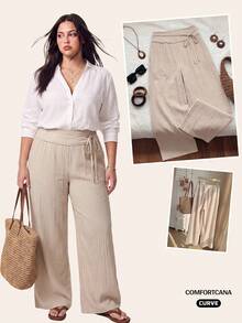 Comfortcana Spring/Summer Solid Color Waist Tie Vacation Casual Plus Size Women's Wide Leg Long Pants Fall - Khaki - View 9