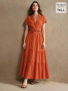 Anewsta Tall Gaun Rok Panjang Berkerut Pinggang Elegan Terbaru untuk Musim Semi/Panas dari Linen, Cocok untuk Wanita Tinggi, Sesuai untuk Jalan-jalan dan Liburan - Jeruk - View 1