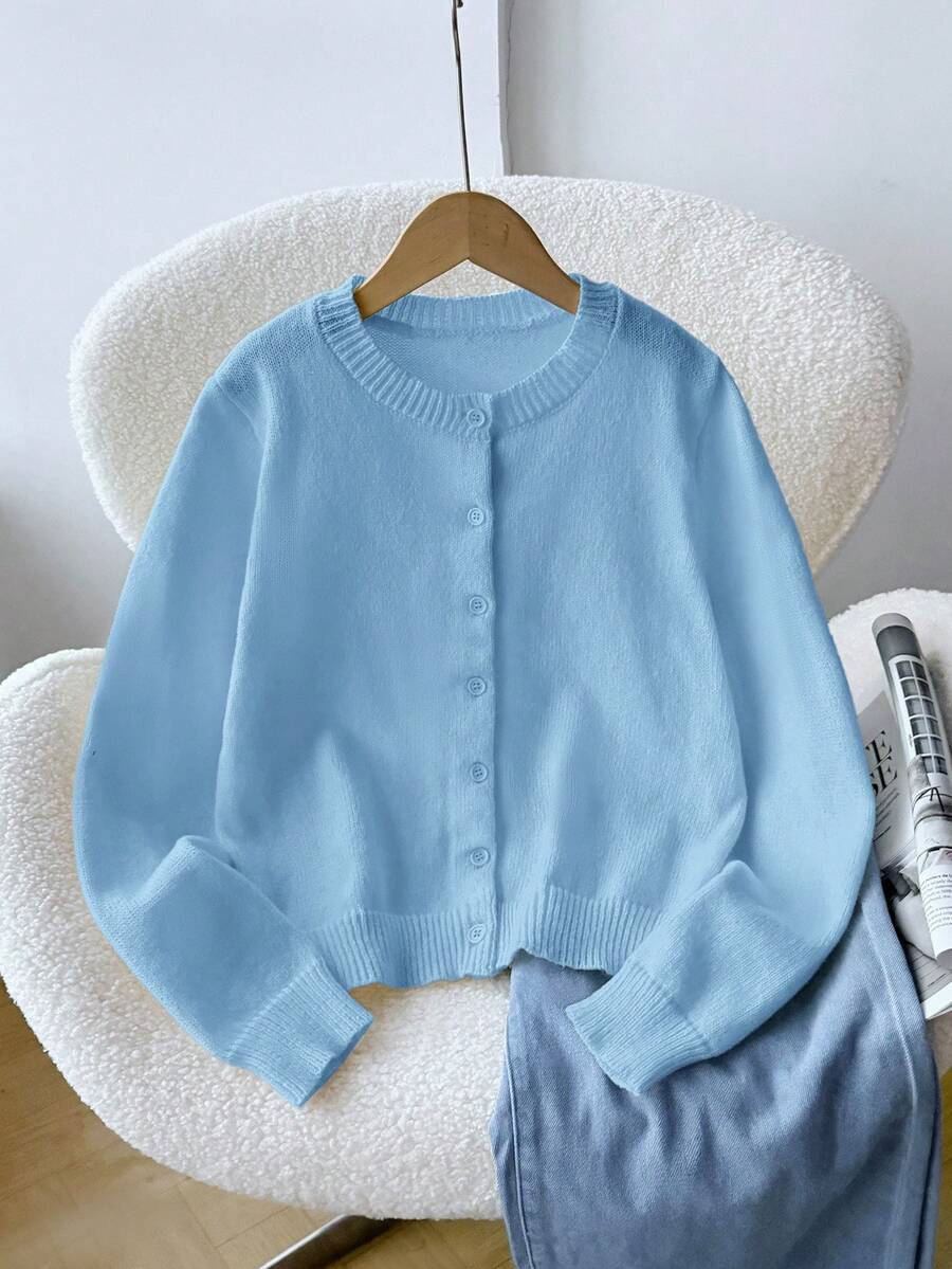 SHEIN 青少年女孩純色休閒百搭日常穿著長袖針織衫 - 藍色 - 查看 1