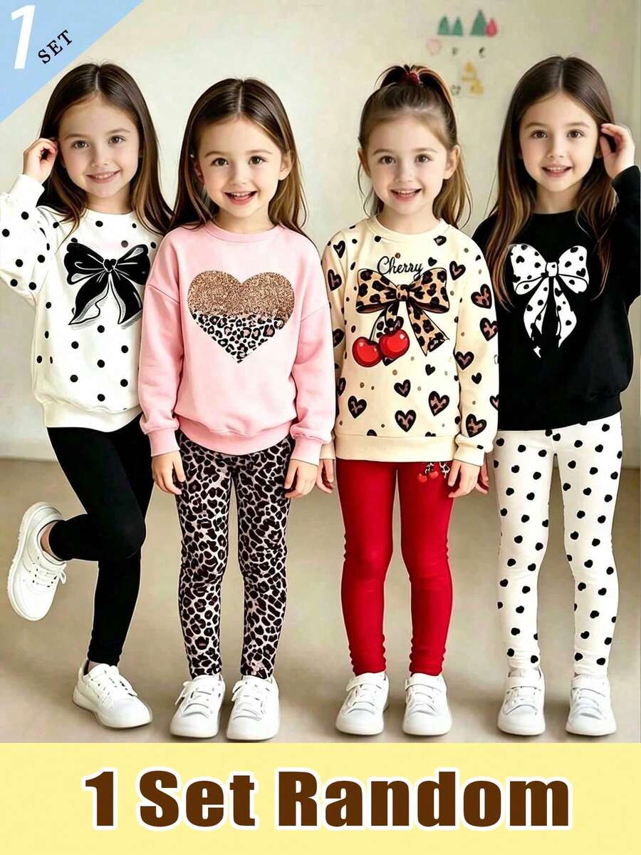 (Patrón aleatorio, 1 set aleatorio) Sudadera básica de cuello redondo con estampado de leopardo brillante, corazón, lazo y lunares para niñas, con leggings - Multicolor - Ver 1