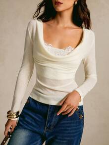 CielaLinda Women's Knit Cowl Neck Top, 2 In 1 Lace Patchwork T-Shirt - Light Yellow - View 4