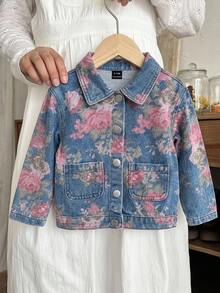 Baby Girl Floral Pattern Blue Denim Long Sleeve Jacket - Medium Wash - View 8