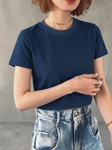 Dazy-Less Solid Crew Neck Crop Tee Summer Preppy Tops Business Casual Woman Work Clothes - Navy Blue - View 8