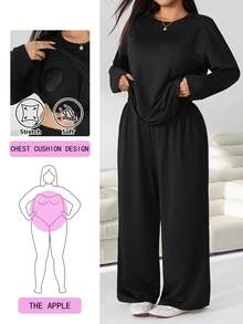 Solflare 女款純色長袖上衣與長褲休閒日常套裝 秋季 - 黑色 - 查看 1