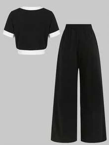SHEIN Girlism 少女休闲正式优雅返校黑白撞色上衣和直筒裤套装 - 黑與白 - 查看 2
