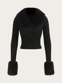 SHEIN ICON Borg領毛絨袖口修身剪裁黑色長袖開襟衫，秋冬長袖上衣 - 黑色 - 查看 3