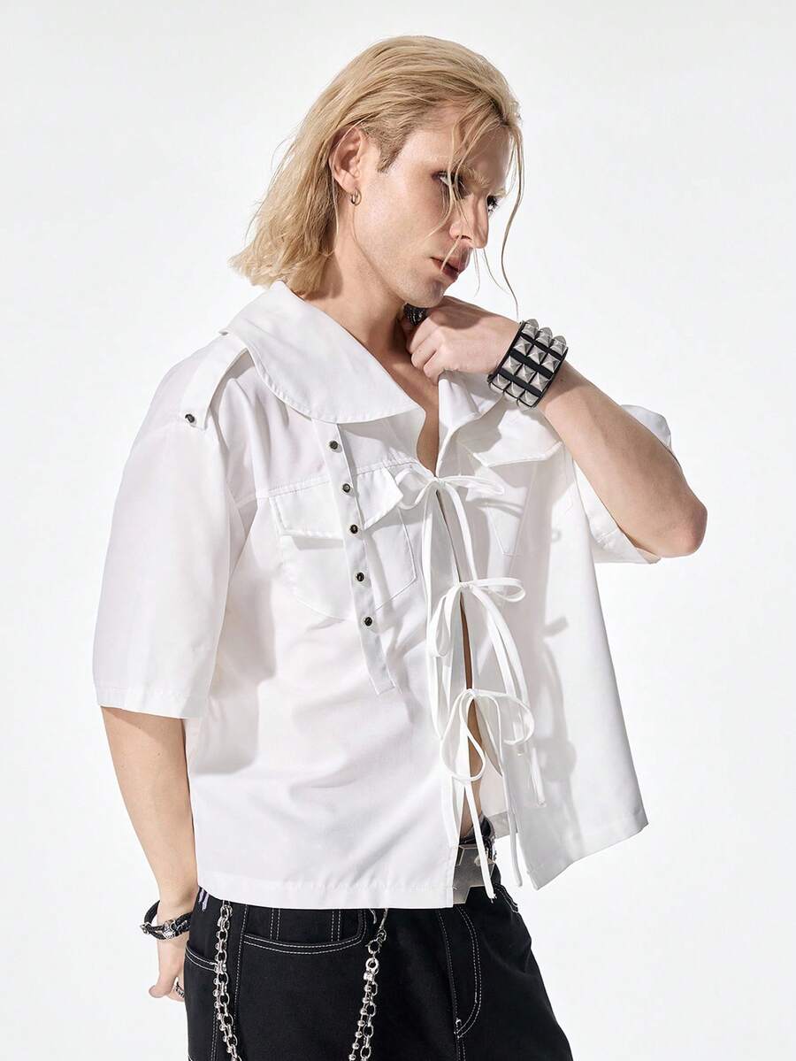 ROMWE MEN Street Life Men's Summer Fashion Solid Color Tie-Front Shirt - Apricot - View 1