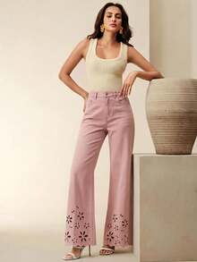 Anewsta Fashion Embroidered Hollow-Out Flared Jeans - Pink - View 7
