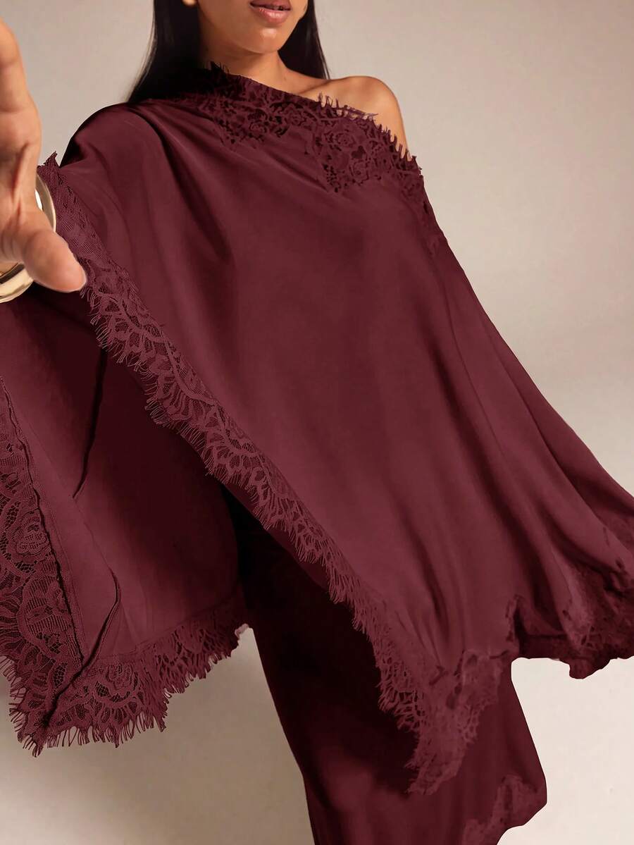 COSMINA Women's Solid Color Contrast Lace Asymmetric Hem Loose Fit Blouse Dinner Tea Party Party Night Bar Party Burgundy Autumn Elegant - Red Violet - View 1