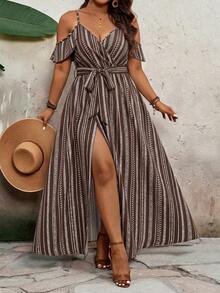 SHEIN VCAY Plus Size Minimalist Vacation Off-Shoulder Tie-Up Slit Dress - Multicolor - View 1